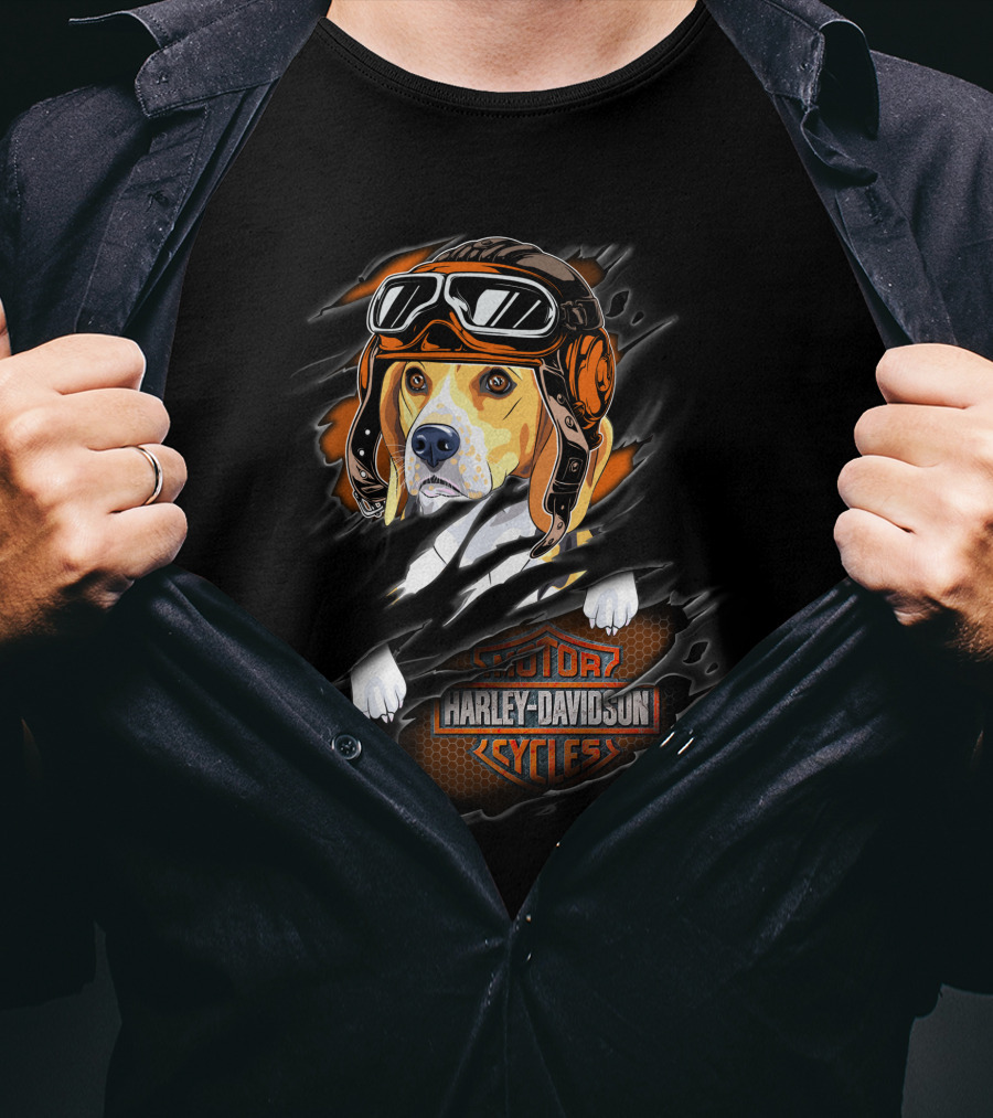 Beagle Wearing Aviator Helmet With Harley Davidson Cycles T-Shirt