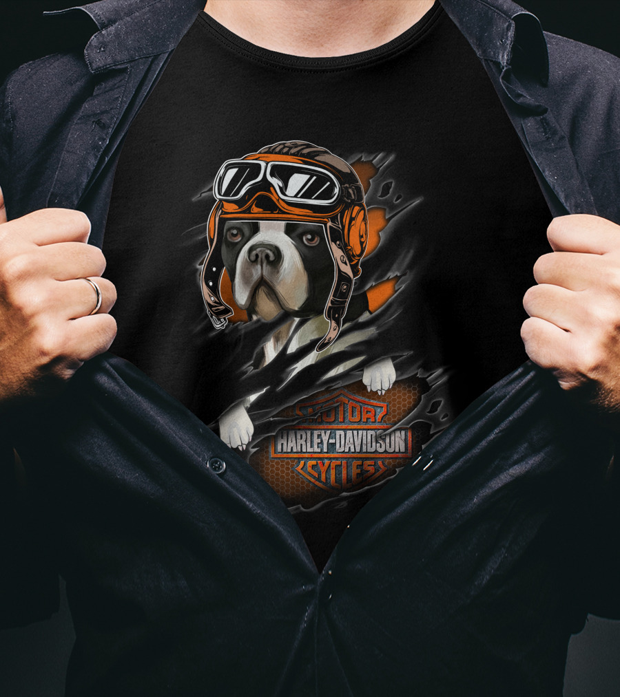 Boston Terrier Harley Davidson Cycles Vintage Aviator Helmet T-Shirt