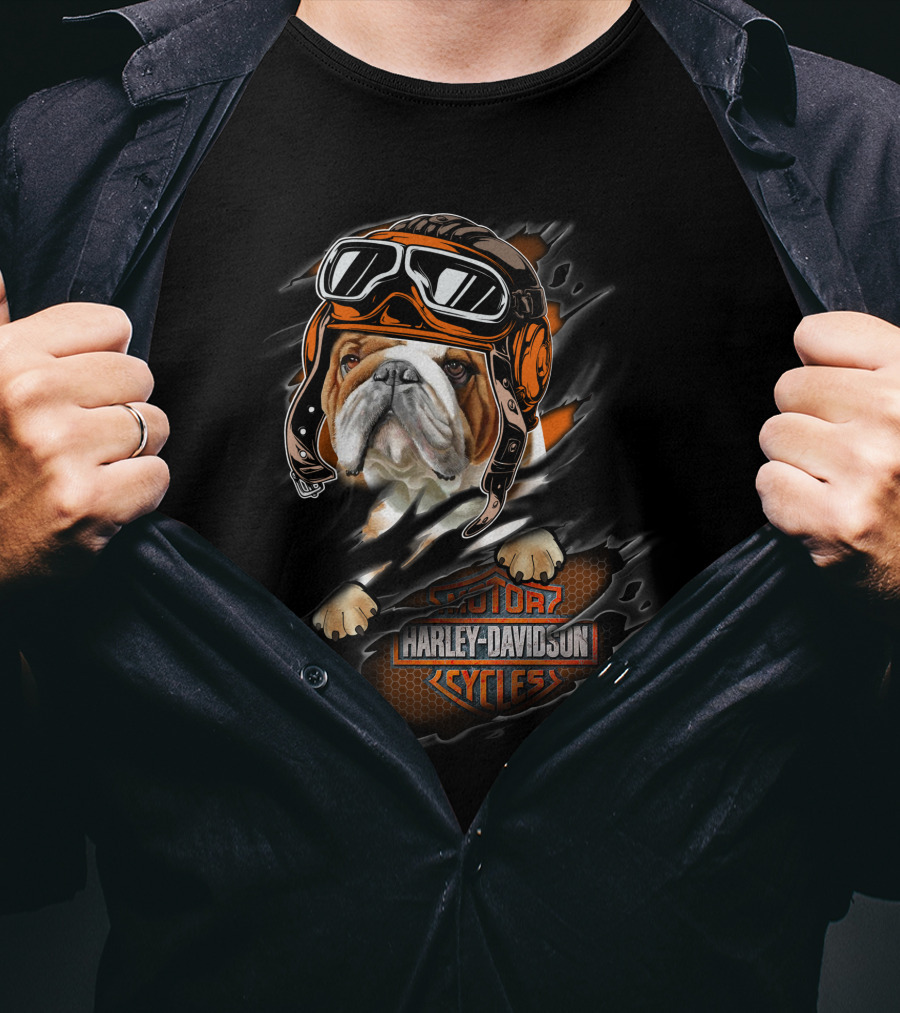 Bulldog With Helmet And Goggles Harley Davidson Cycles T-Shirt