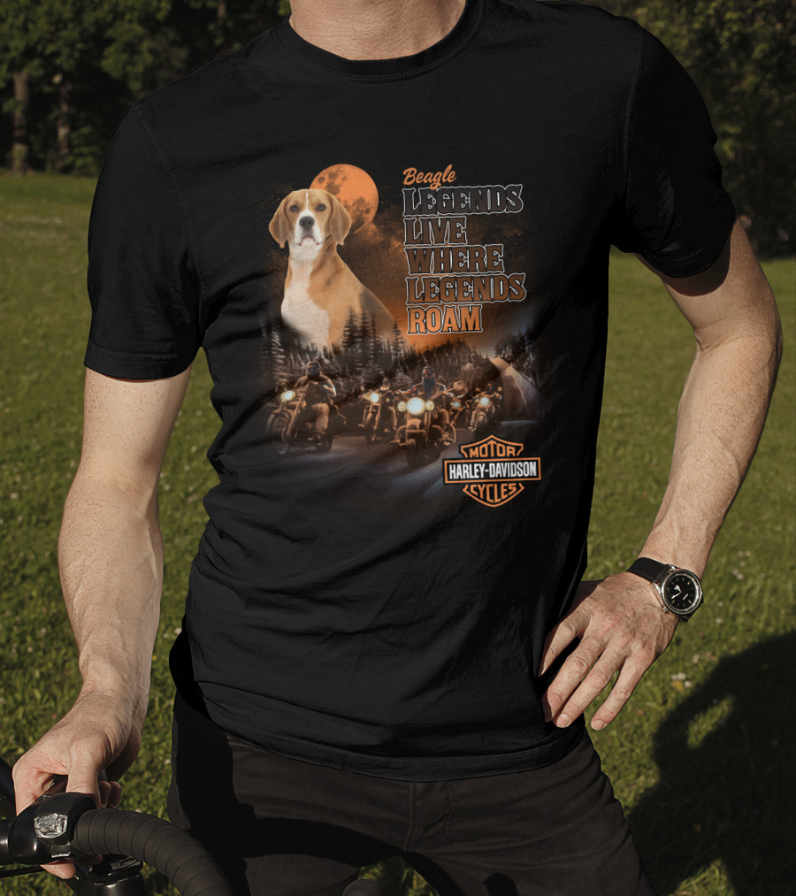 Beagle Legends Live Where Legends Roam Harley Davidson Cycles Moonlit Night T-Shirt