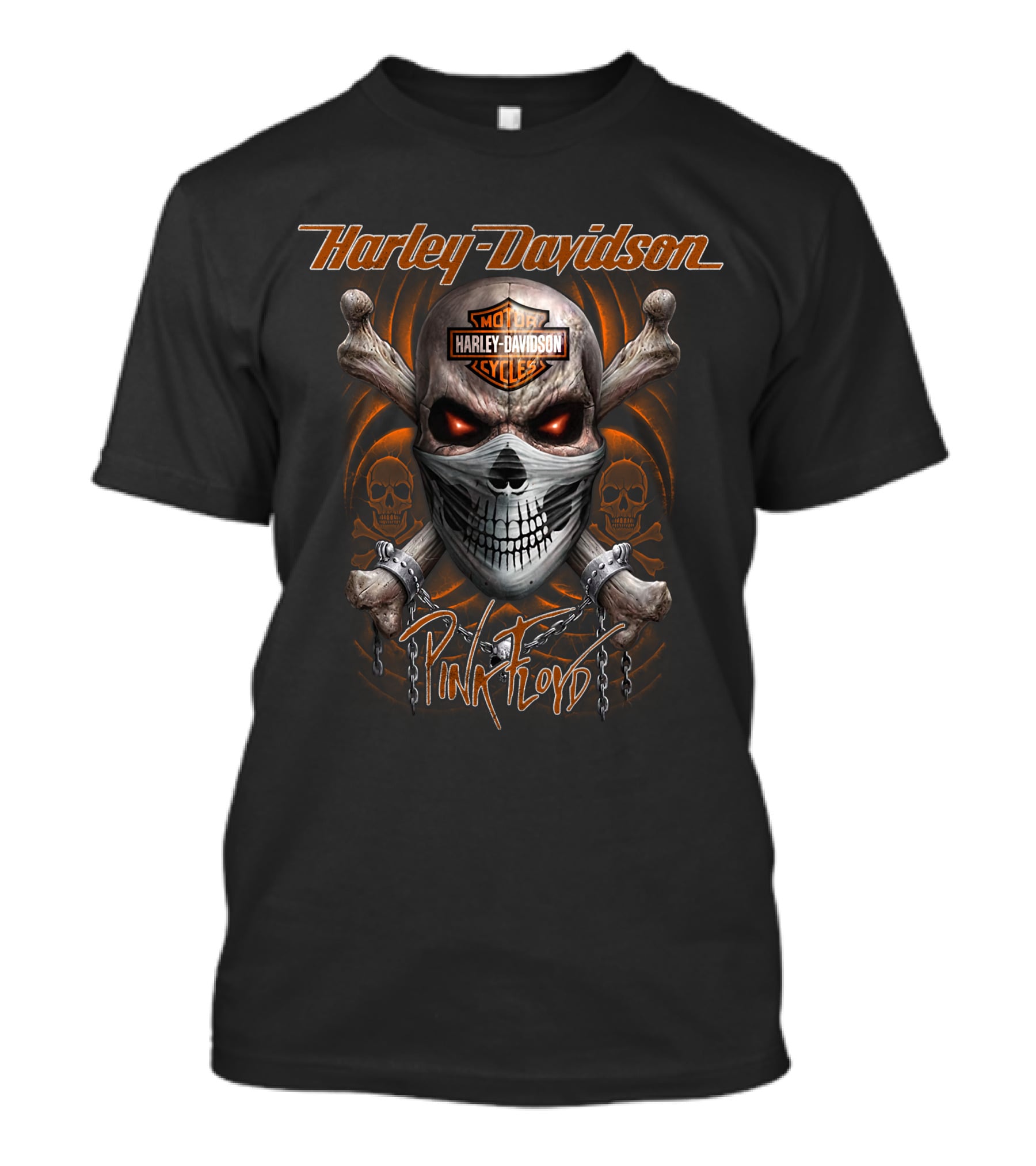 Harley Davidson Pink Floyd Skull Design With Chains And Orange Accents T-Shirt