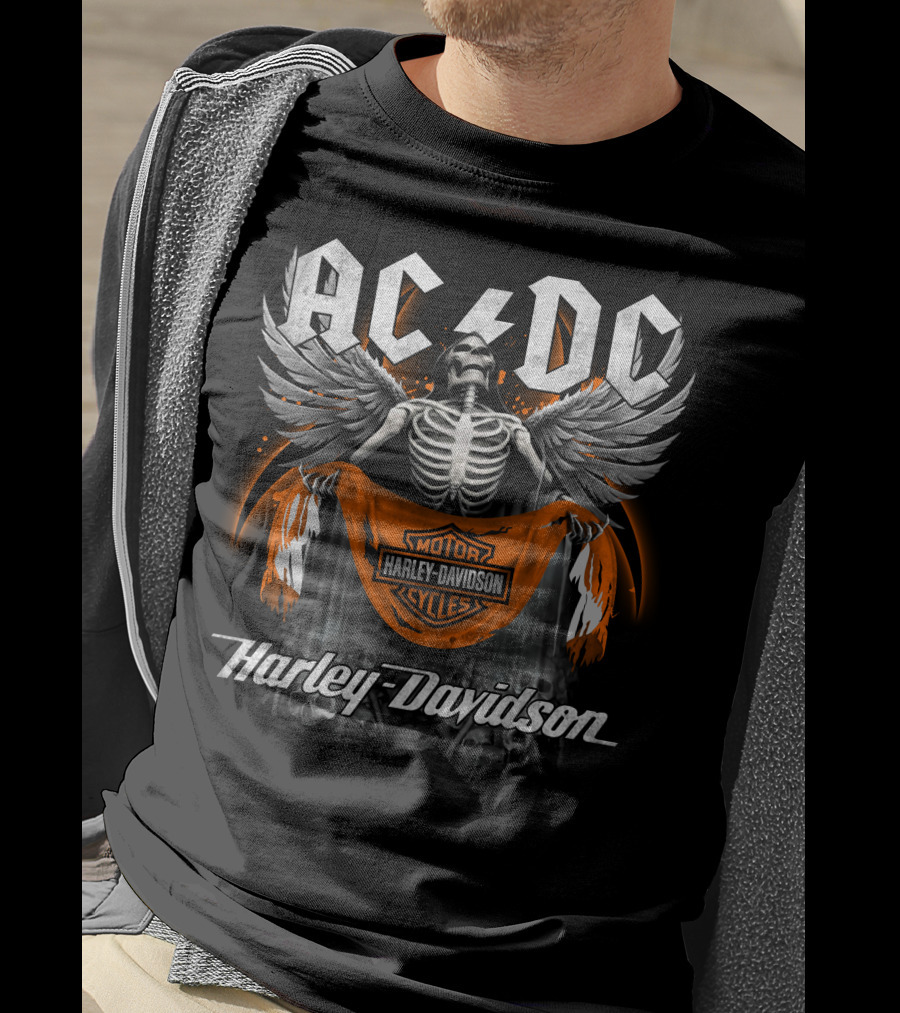 Acdc Harley Davidson Motorcycles Skeleton Wings T-Shirt