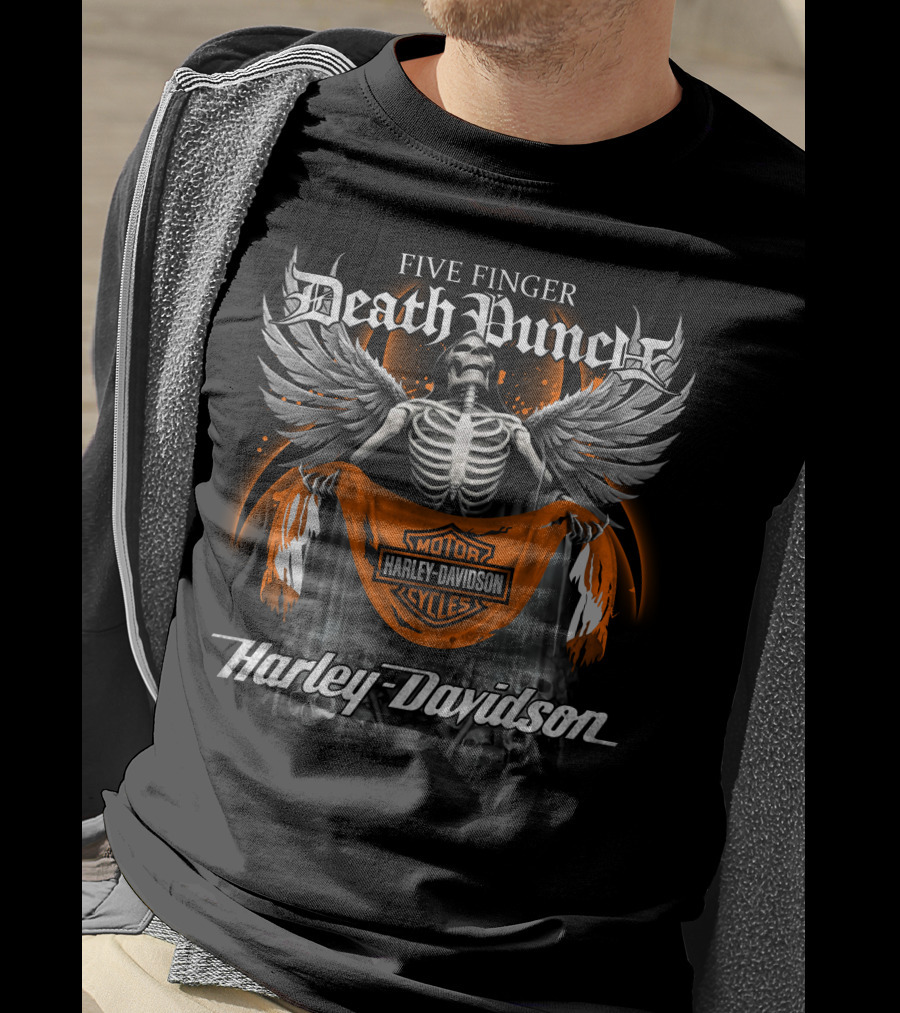 Five Finger Death Punch Harley Davidson Motor Cycles Skeleton Wings T-Shirt