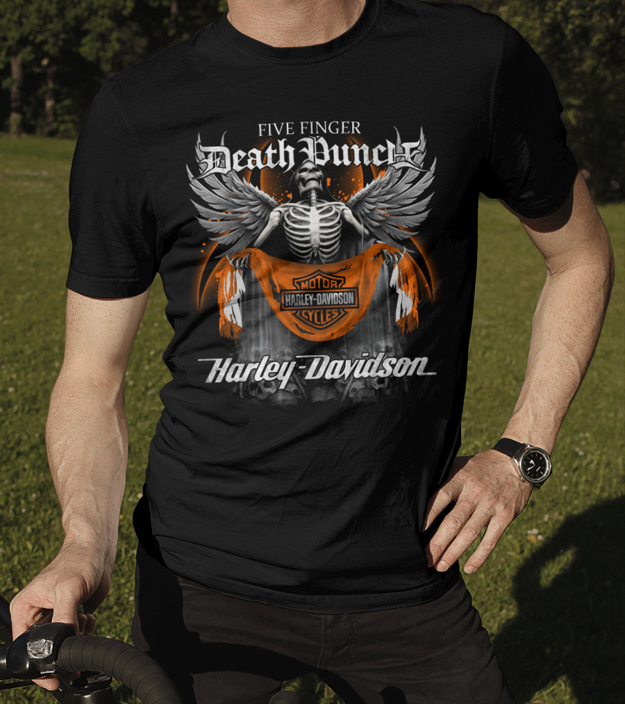 Five Finger Death Punch Harley Davidson Motor Cycles Skeleton Wings T-Shirt