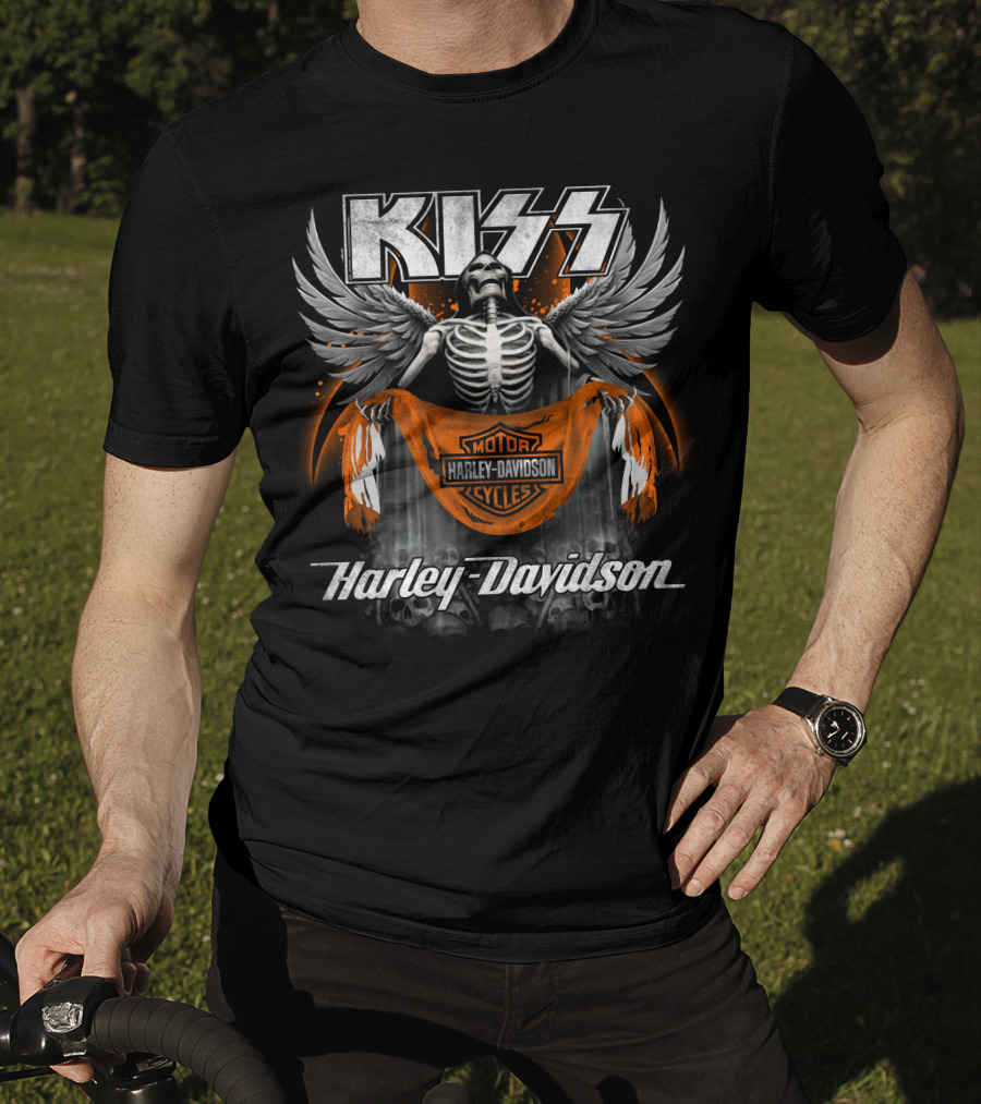 Kiss Harley Davidson Skeleton Wings Motorcycle Banner T-Shirt