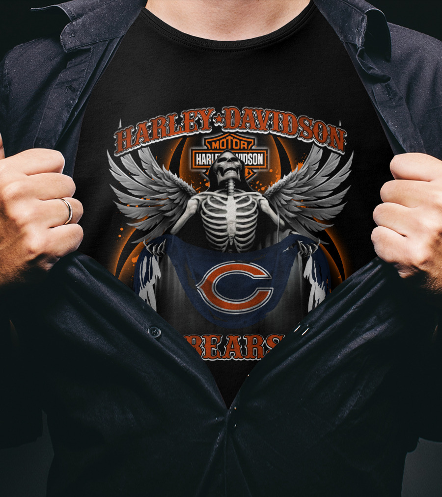 Harley Davidson Chicago Bears Skeleton Wings T-Shirt