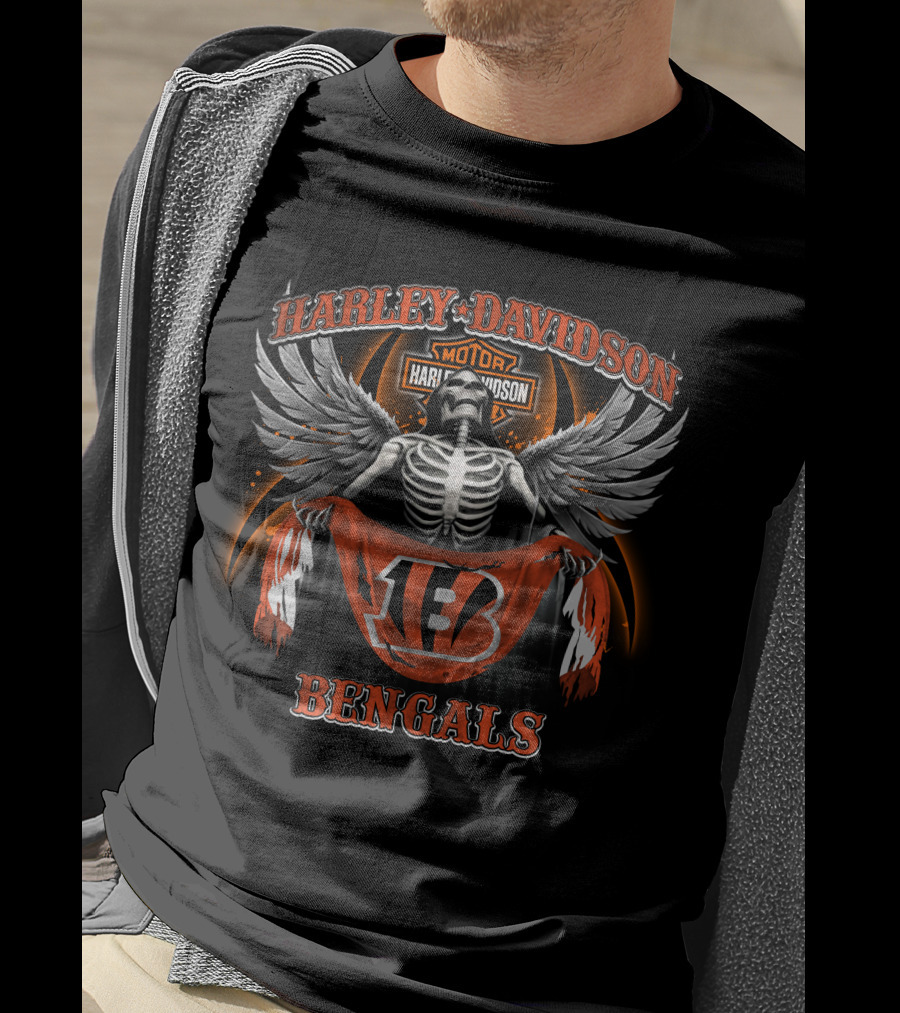 Harley Davidson Motor Cincinnati Bengals Skeleton Wings T-Shirt