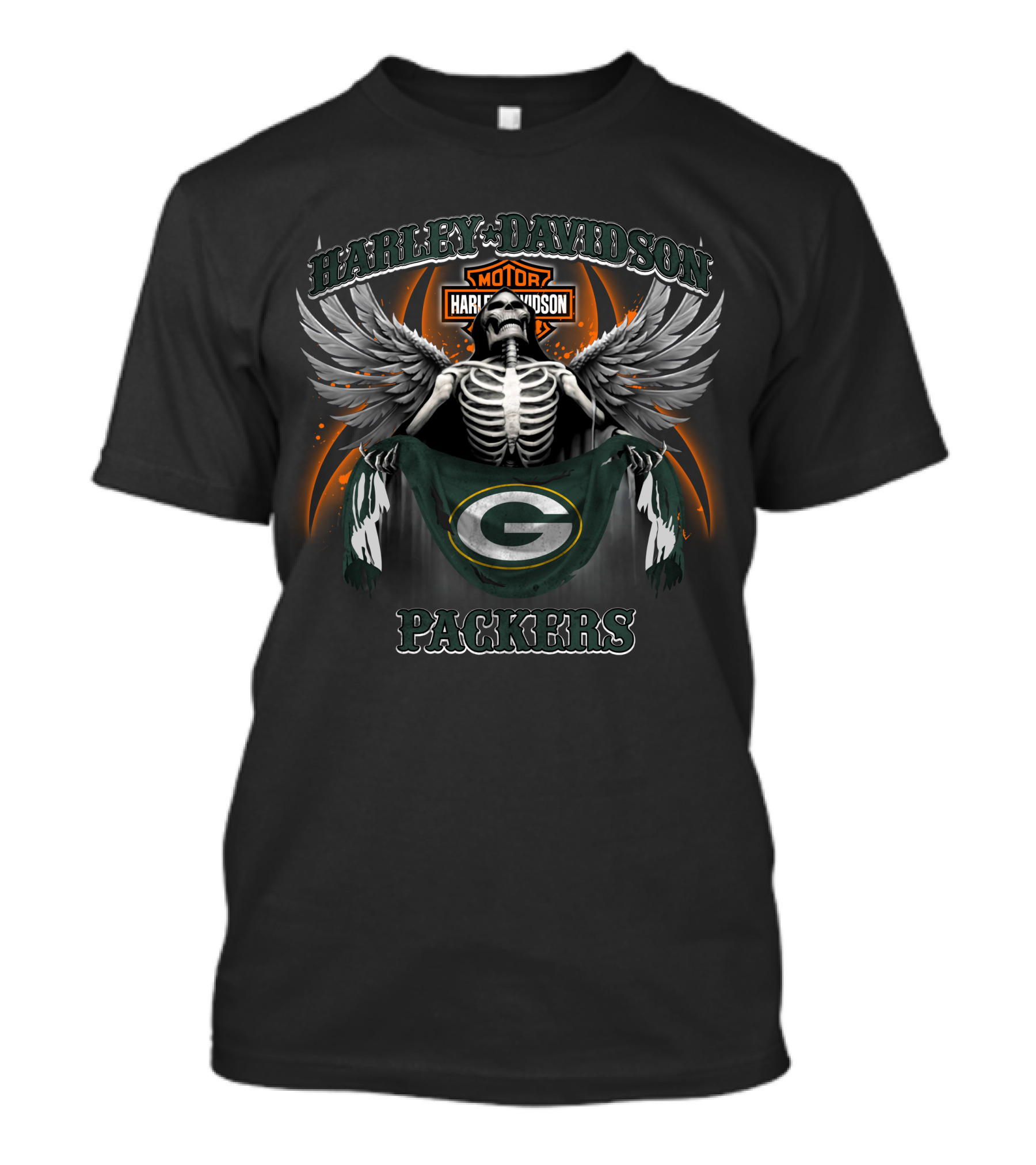 Harley Davidson Green Bay Packers Skeleton Wings T-Shirt