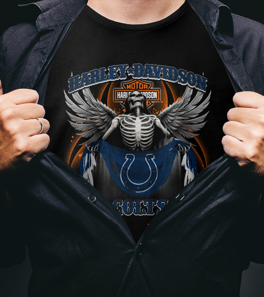 Harley Davidson Indianapolis Colts Skeleton Wings Motorcycle Helmet T-Shirt