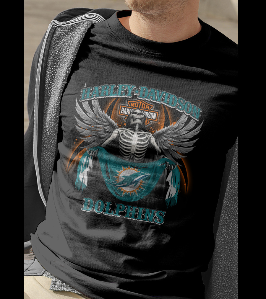Harley Davidson Miami Dolphins Skeleton Wings T-Shirt