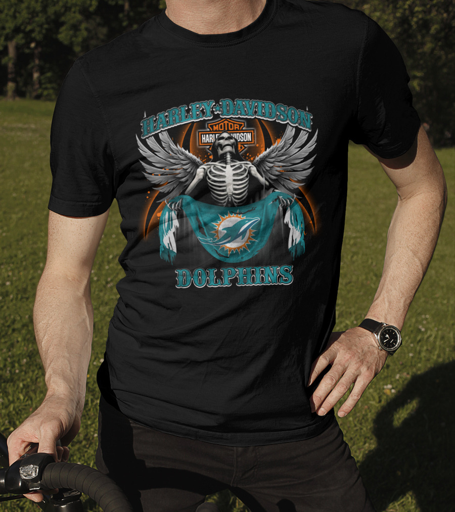 Harley Davidson Miami Dolphins Skeleton Wings T-Shirt
