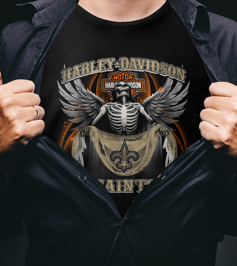Harley Davidson Motor New Orleans Saints Skeleton Wings Fleur-De-Lis T-Shirt