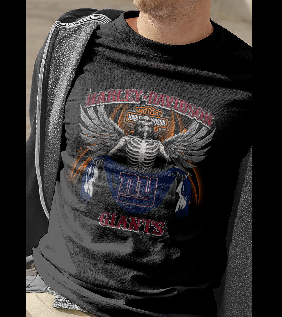 Harley Davidson Motor New York Giants Skeleton Wings T-Shirt