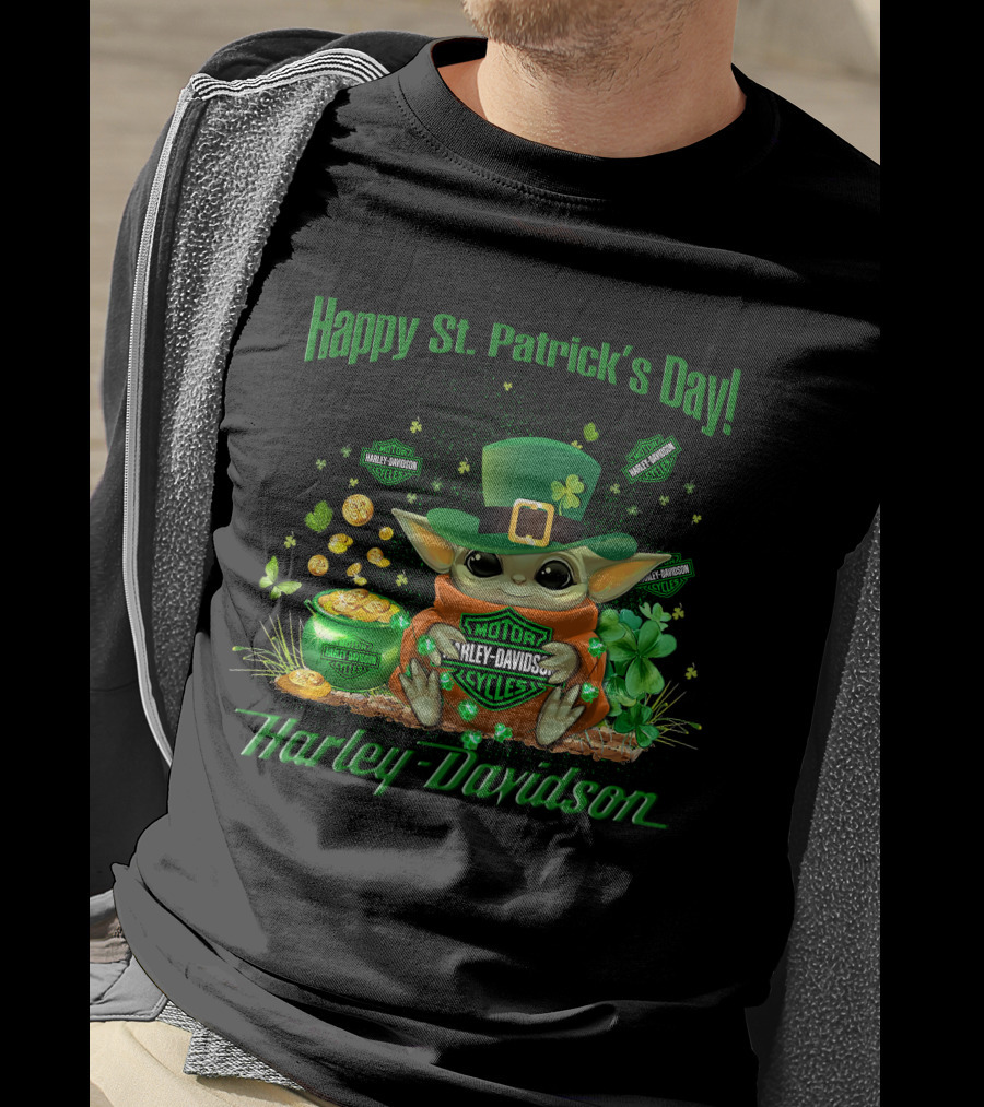 Happy St. Patrick's Day Baby Yoda Harley Davidson T-Shirt