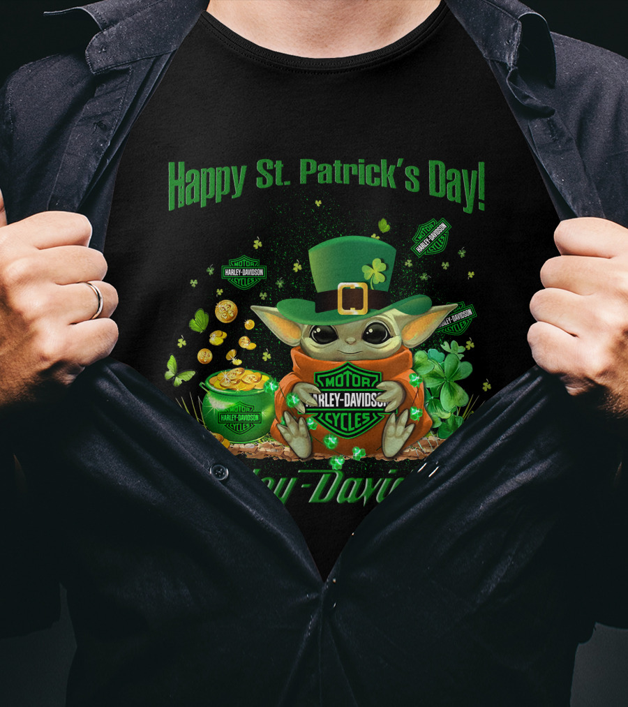 Happy St. Patrick's Day Baby Yoda Harley Davidson T-Shirt