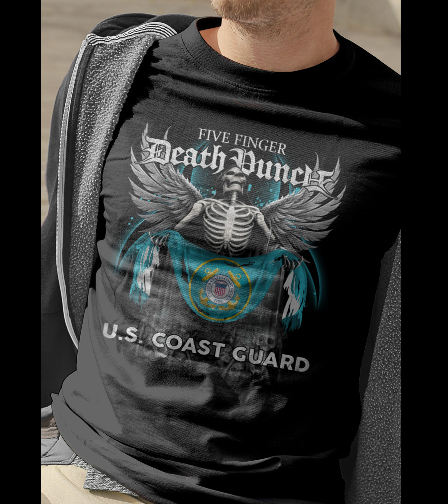 Five Finger Death Punch Skeleton With Wings Holding United States Coast Guard Flag And Emblem T-Shirt