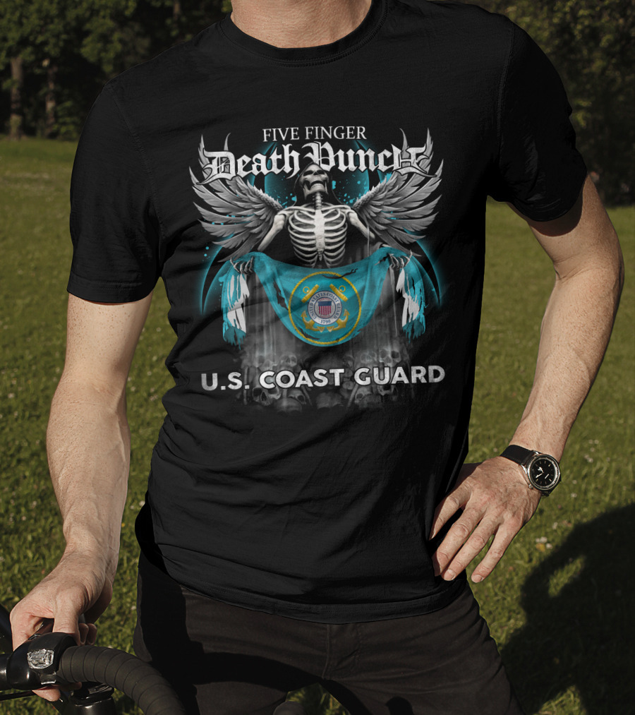 Five Finger Death Punch Skeleton With Wings Holding United States Coast Guard Flag And Emblem T-Shirt