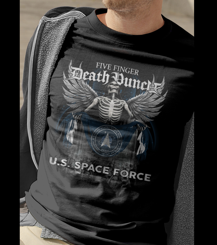 Five Finger Death Punch Skull Holding United States Space Force Flag With Wings And U.S. Space Force Text T-Shirt