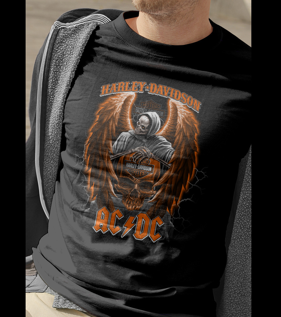 Acdc Harley Davidson Skull Reaper Wings Lightning T-Shirt
