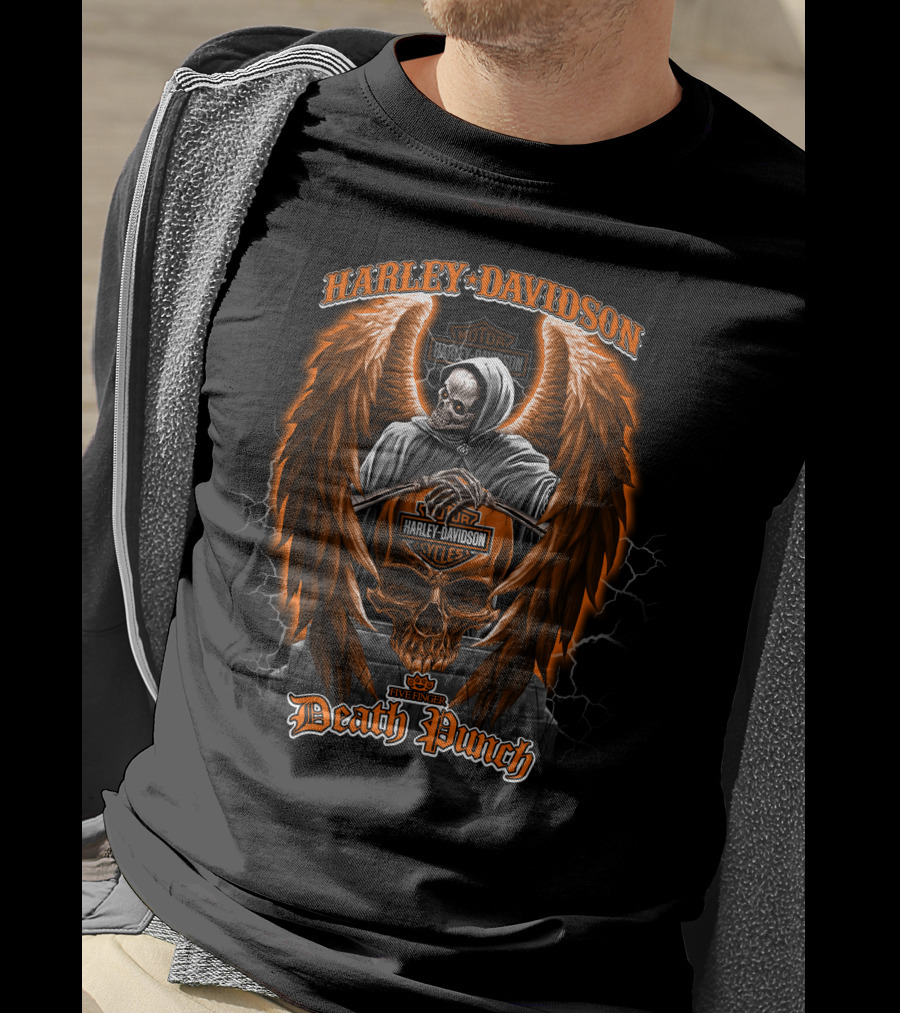 Harley Davidson Five Finger Death Punch Skull With Grim Reaper And Angel Wings T-Shirt