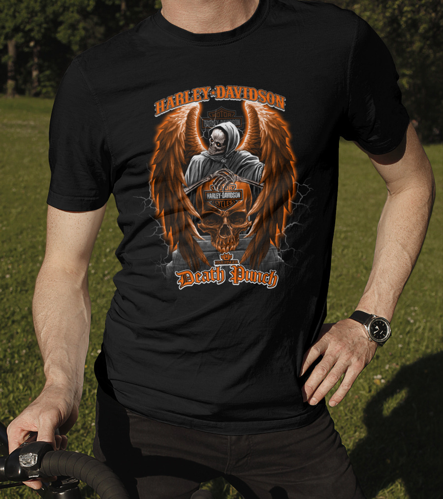 Harley Davidson Five Finger Death Punch Skull With Grim Reaper And Angel Wings T-Shirt
