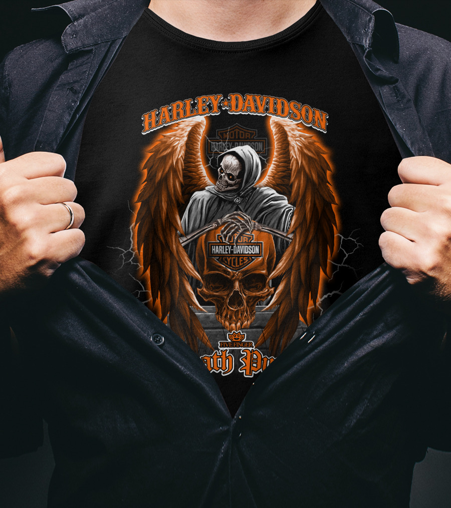 Harley Davidson Five Finger Death Punch Skull With Grim Reaper And Angel Wings T-Shirt