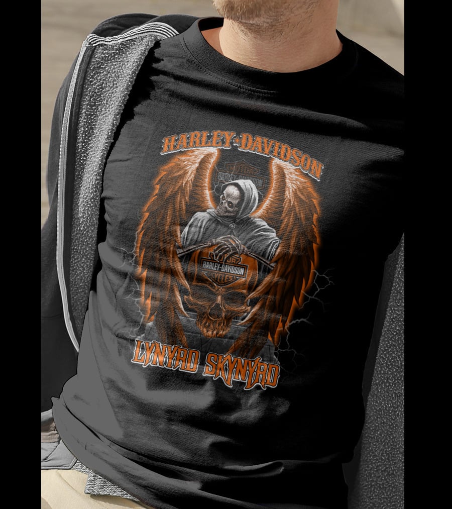 Lynyrd Skynyrd Harley Davidson Skull With Wings And Grim Reaper T-Shirt