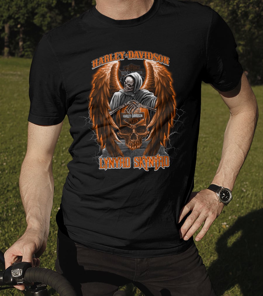 Lynyrd Skynyrd Harley Davidson Skull With Wings And Grim Reaper T-Shirt