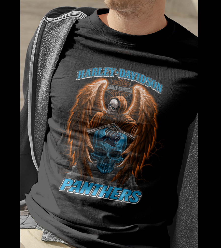 Harley Davidson Motor Cycles Panthers Winged Skeleton Skull T-Shirt