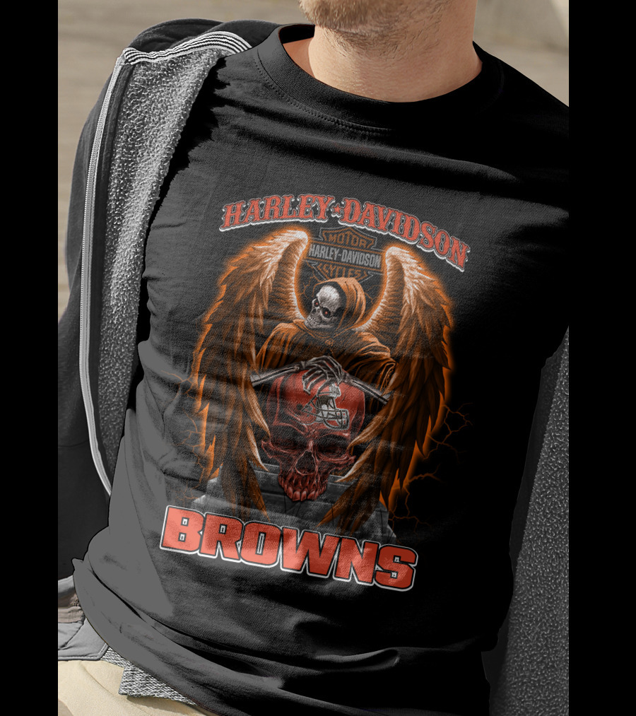 Harley Davidson Motorcycles Cleveland Browns Skull Angel Wings Nfl T-Shirt