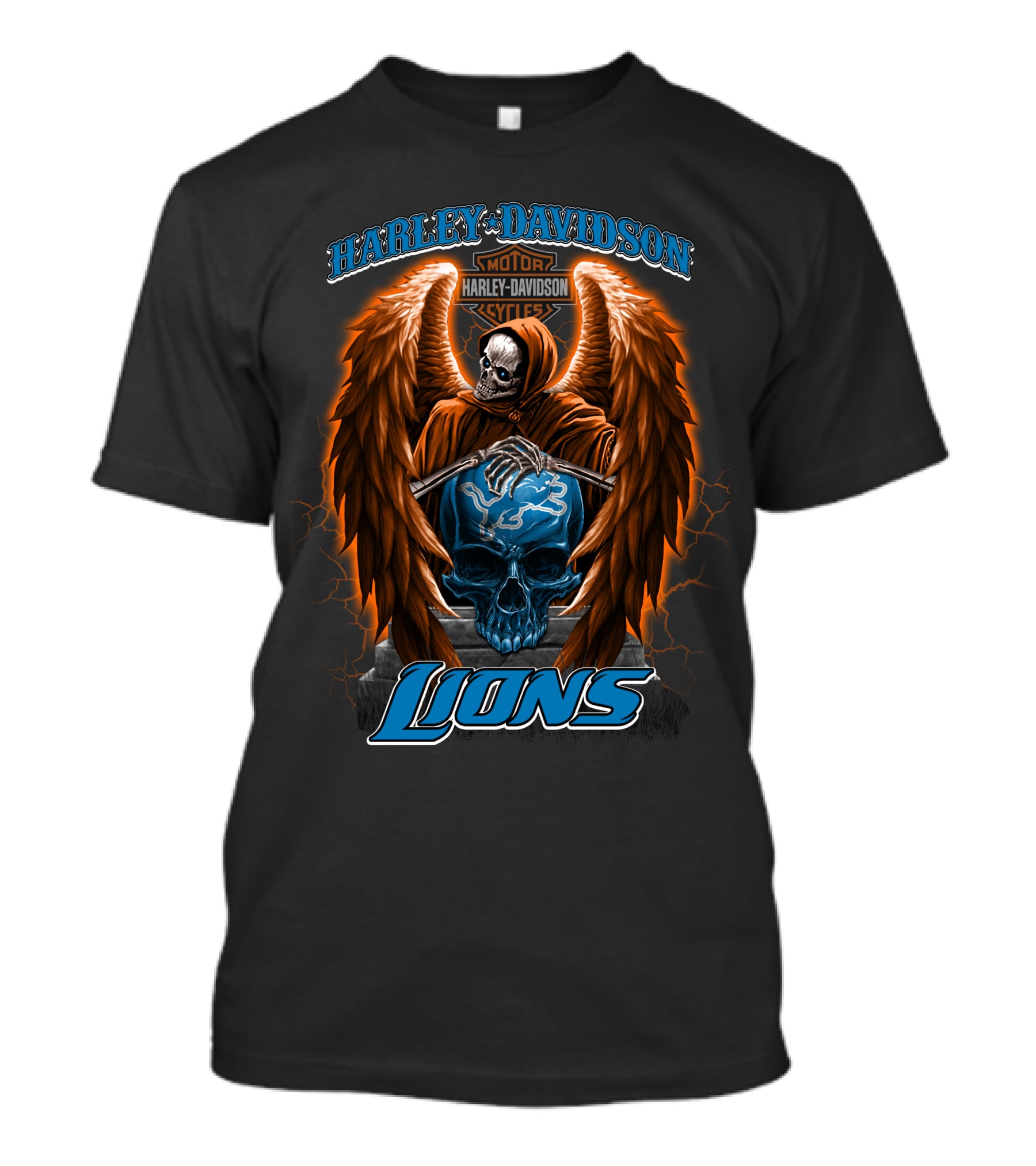 Harley Davidson Motorcycles Detroit Lions Skull With Angel Wings T-Shirt