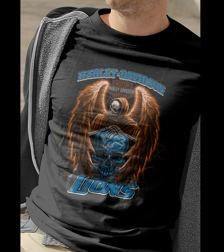 Harley Davidson Motorcycles Detroit Lions Skull With Angel Wings T-Shirt