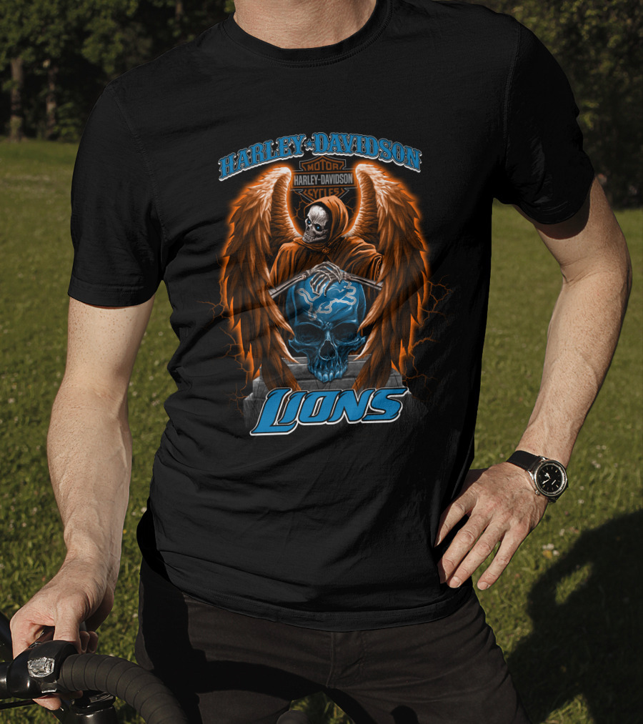 Harley Davidson Motorcycles Detroit Lions Skull With Angel Wings T-Shirt