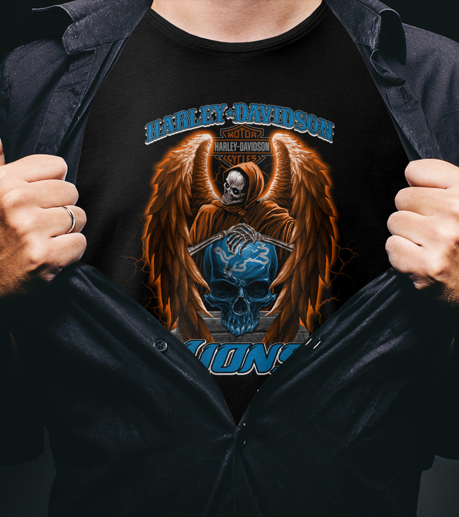 Harley Davidson Motorcycles Detroit Lions Skull With Angel Wings T-Shirt