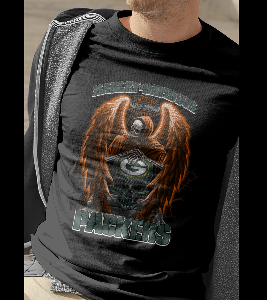 Harley Davidson Motor Cycles Green Bay Packers Skull Wings T-Shirt