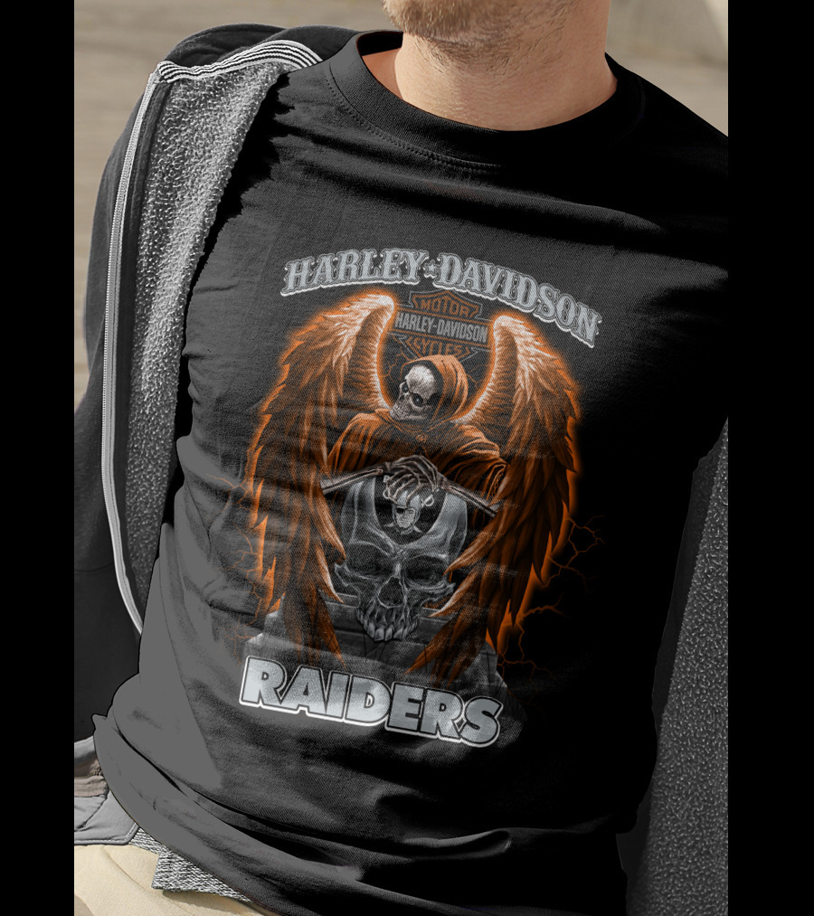 Harley Davidson Las Vegas Raiders Nfl Skeleton Skull Wings T-Shirt