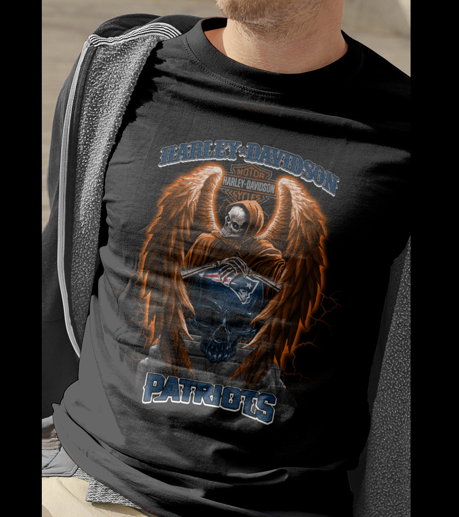 Harley Davidson Motorcycles Patriots Nfl Skull Angel T-Shirt