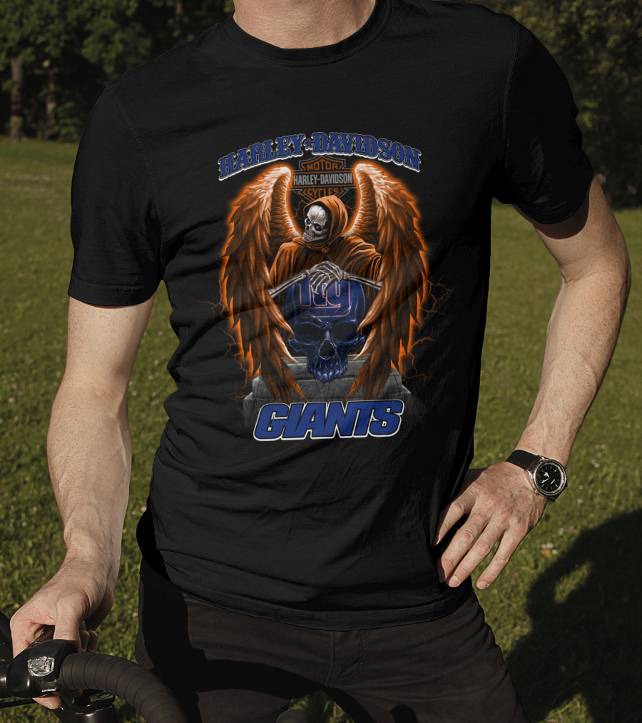 New York Giants Harley Davidson Nfl Collaboration With Skull And Wings T-Shirt