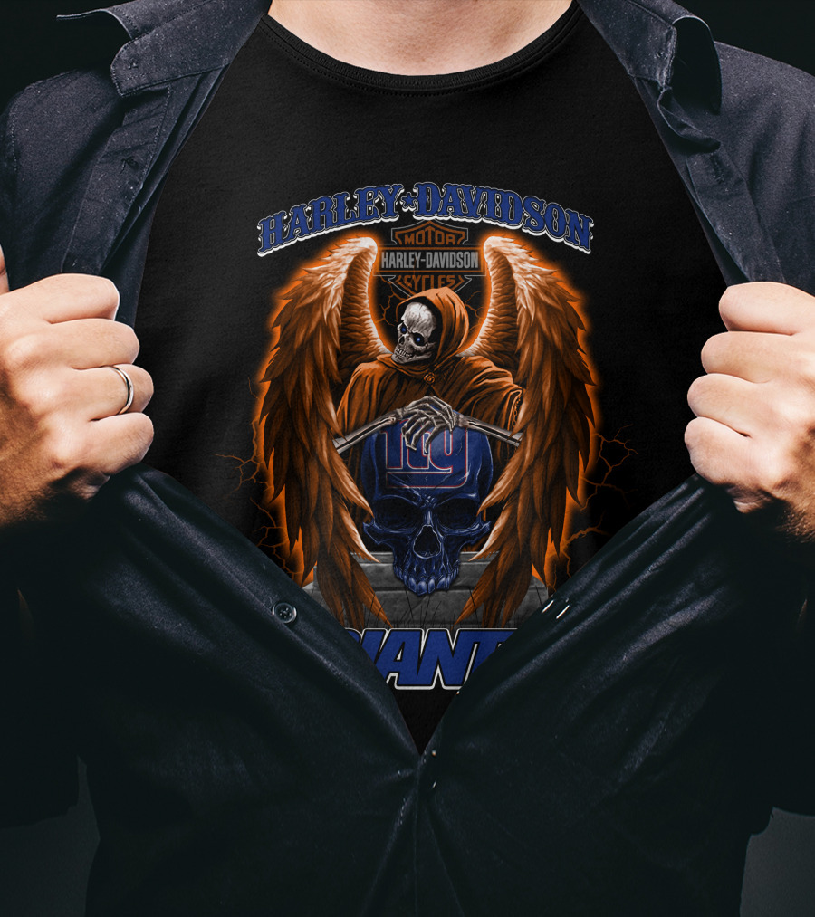 New York Giants Harley Davidson Nfl Collaboration With Skull And Wings T-Shirt