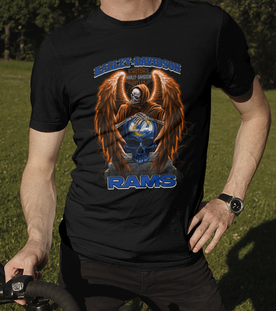 Harley Davidson Motorcycles Los Angeles Rams Nfl Skull Wings T-Shirt