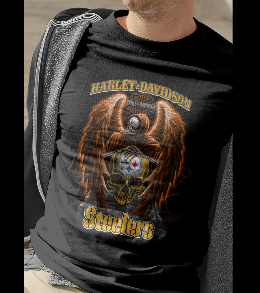Harley Davidson Motorcycles Steelers Skull With Wings Nfl Pittsburgh T-Shirt