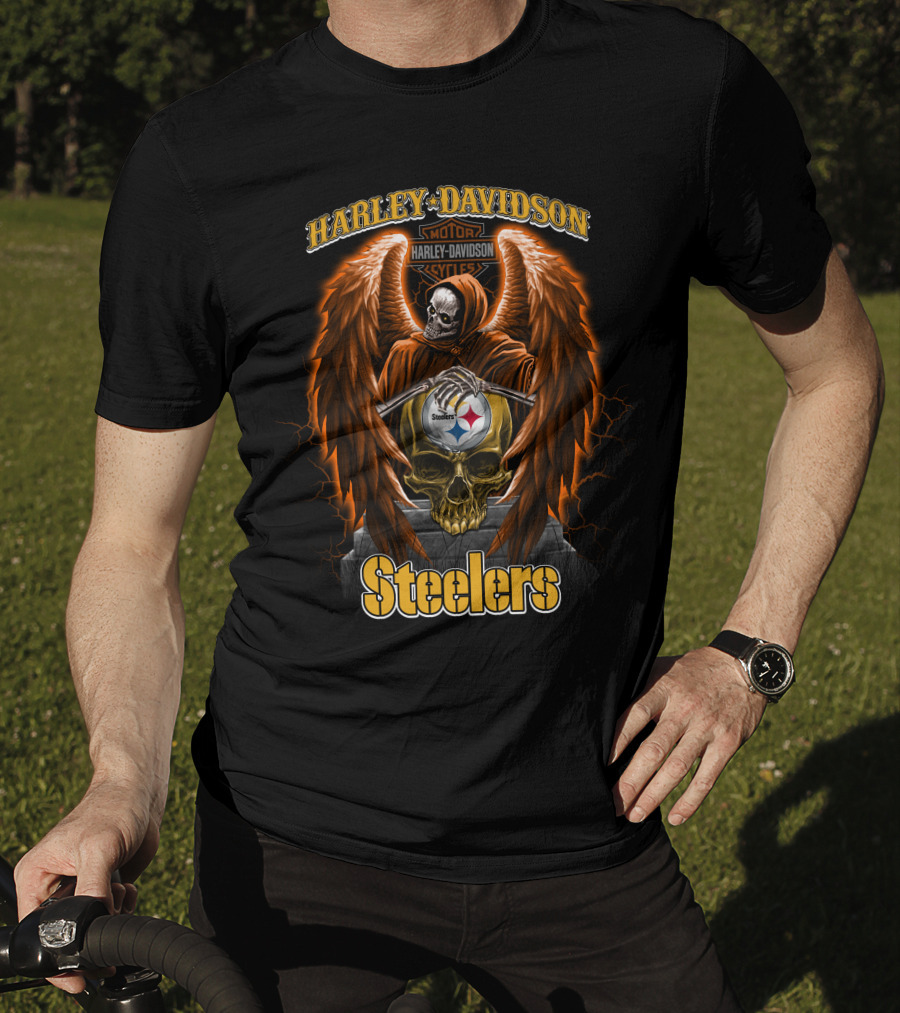 Harley Davidson Motorcycles Steelers Skull With Wings Nfl Pittsburgh T-Shirt