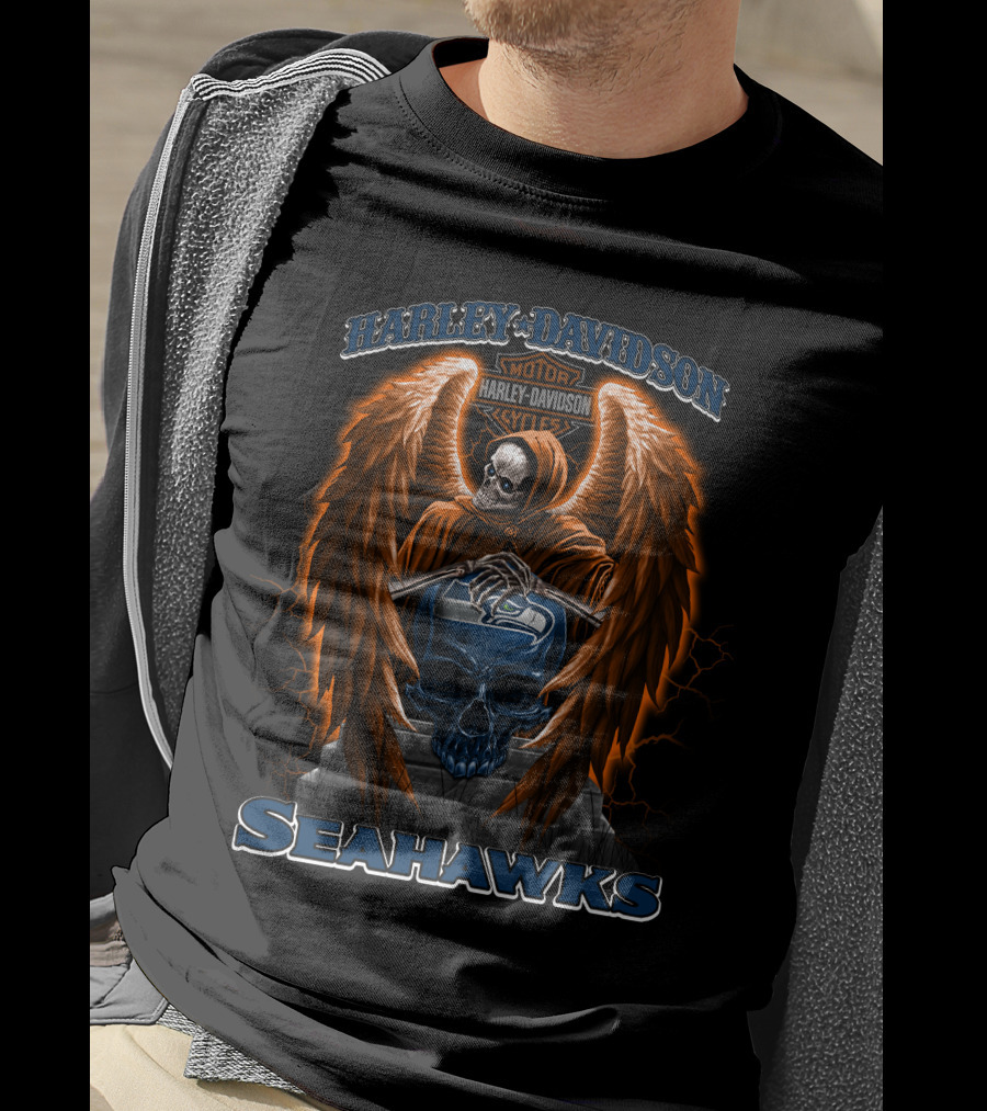 Seattle Seahawks Nfl Harley Davidson Skull Wings T-Shirt