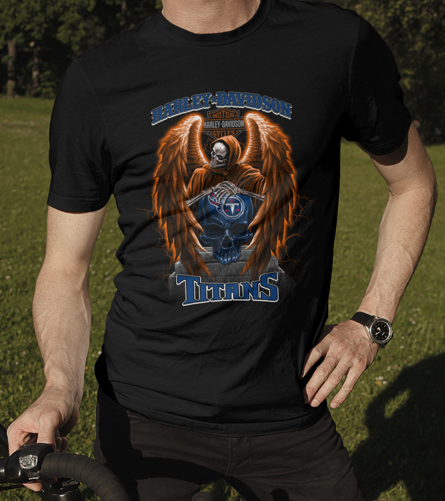Harley Davidson Motorcycles Tennessee Titans Nfl Skull With Wings T-Shirt