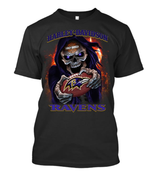 Harley Davidson Skull Holding Baltimore Ravens Football T-Shirt