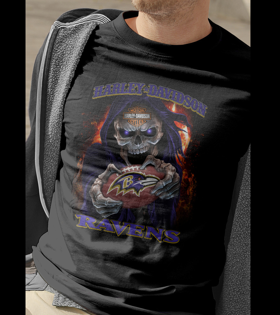 Harley Davidson Skull Holding Baltimore Ravens Football T-Shirt