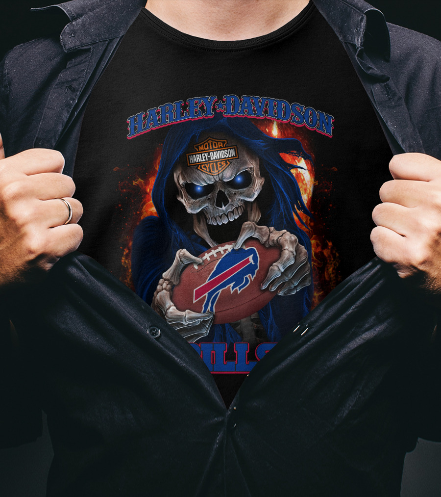 Harley Davidson Buffalo Bills Skull Holding Football T-Shirt
