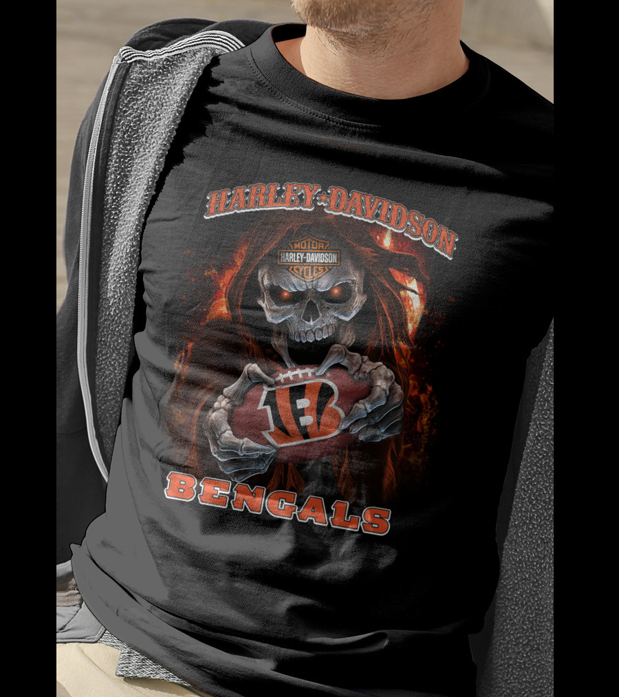 Harley Davidson Motor Cycles Skull Cincinnati Bengals Football T-Shirt