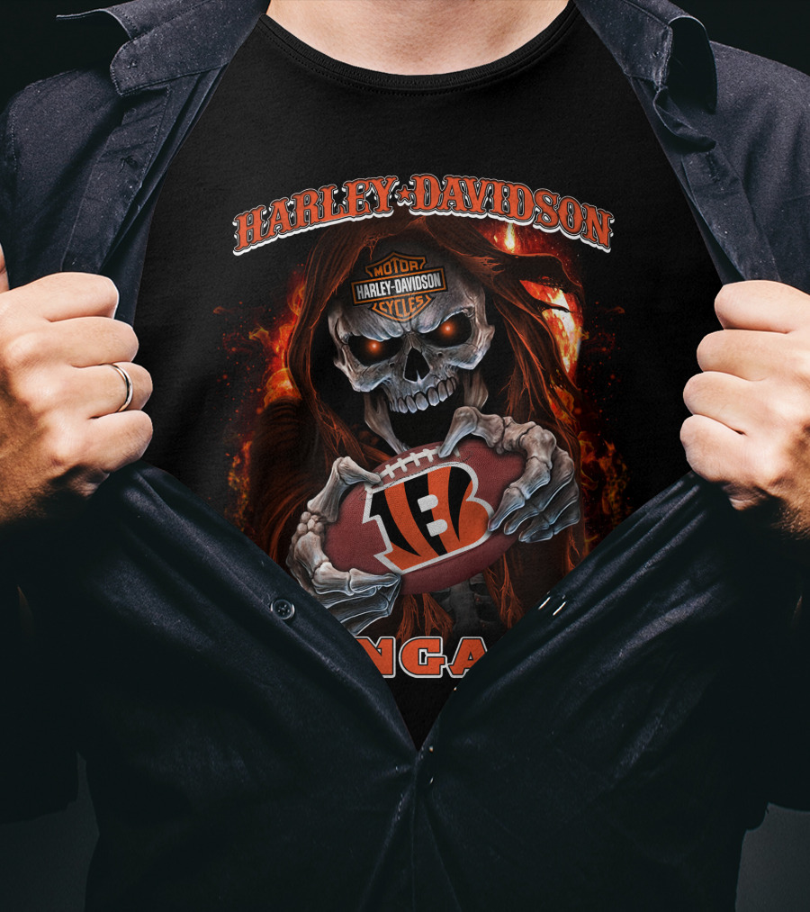 Harley Davidson Motor Cycles Skull Cincinnati Bengals Football T-Shirt
