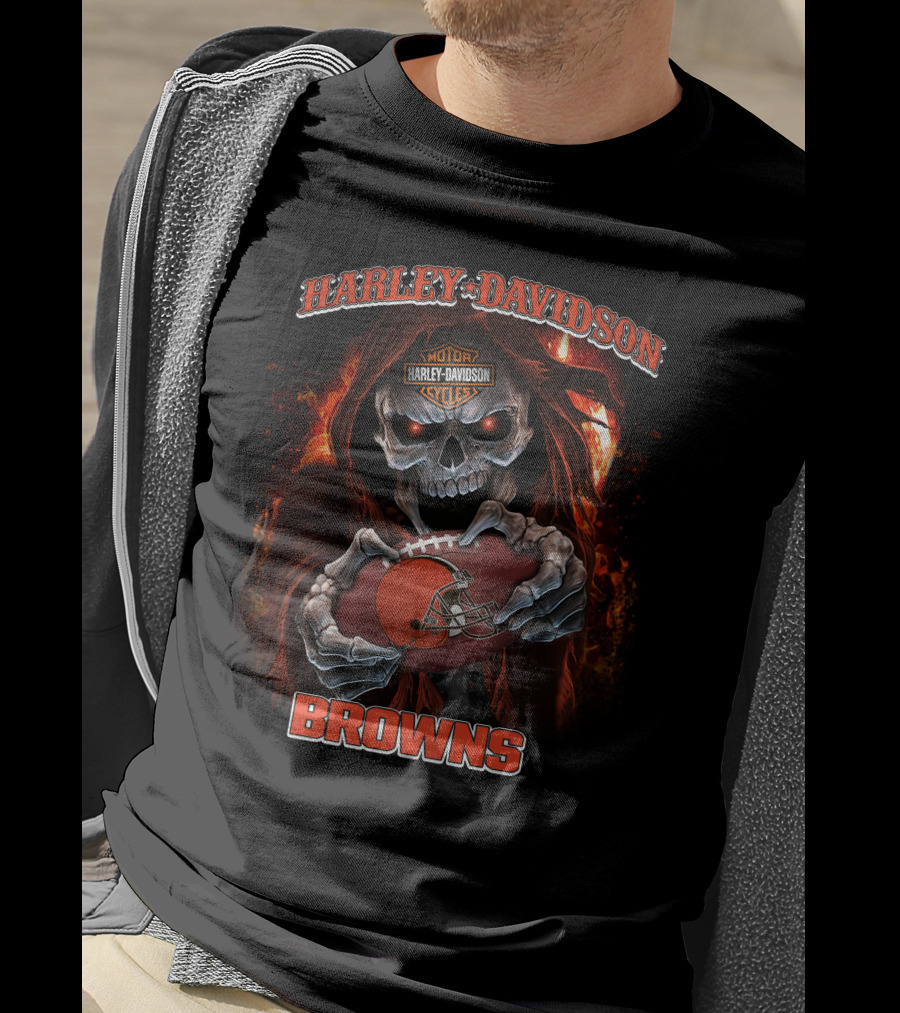 Harley Davidson Motor Cycles Cleveland Browns Skull Football T-Shirt